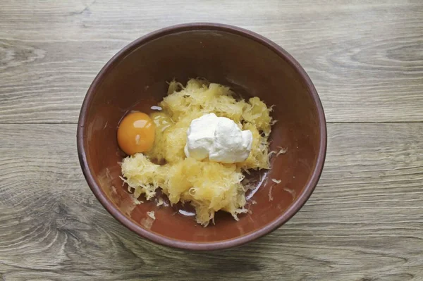 Break Egg Bowl Zucchini Add Sour Cream Salt Mix Everything — стоковое фото