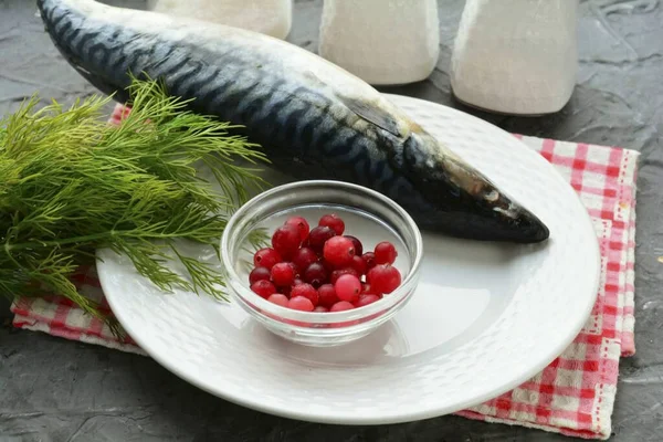 Prepare All Ingredients Needed Make Pickled Mackerel Cranberries — Zdjęcie stockowe