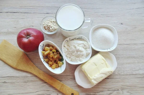 Prepare All Ingredients Needed Make Apple Raisin Bun Oven — стокове фото