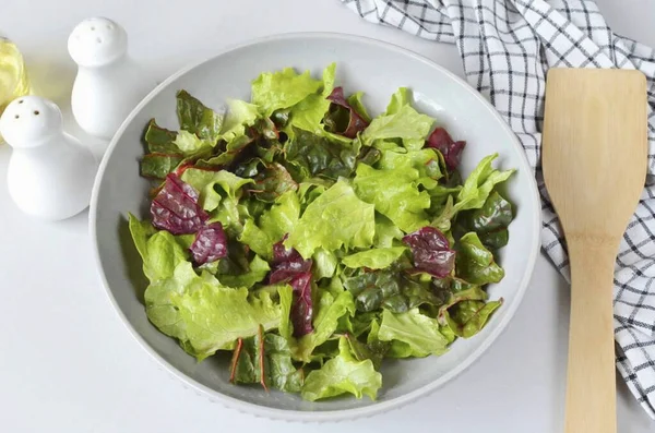 Wash Lettuce Pat Dry Tear Hand Large Salad Bowl Have — стоковое фото