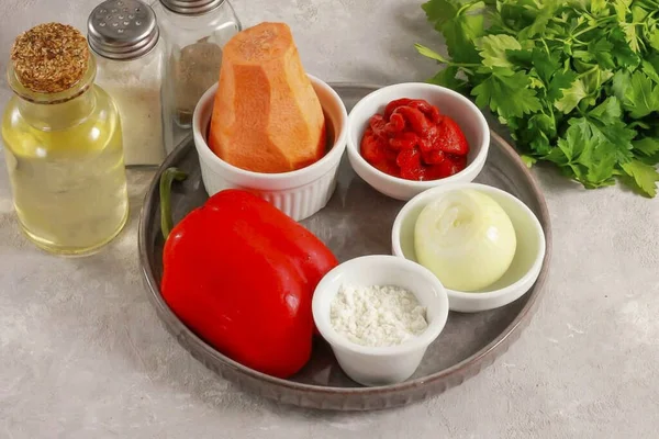 Prepare All Ingredients Needed Make Sweet Pepper Tomato Onion Carrot — Φωτογραφία Αρχείου