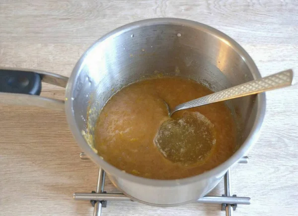Return Starch Mass Saucepan Mashed Potatoes Add Gelatinous Mass Put — Stockfoto