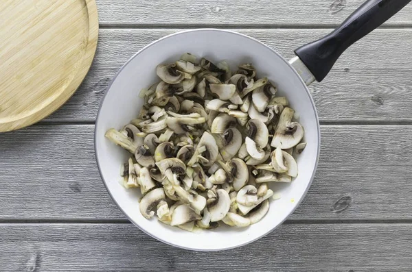 Finely Chop Onion Champignons Fry Onions Mushrooms Skillet Soft — Zdjęcie stockowe