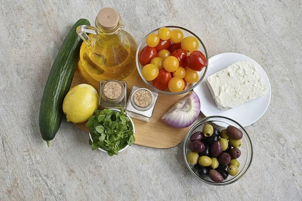 Prepare All Ingredients Needed Make Greek Cherry Tomato Salad — Stock Fotó