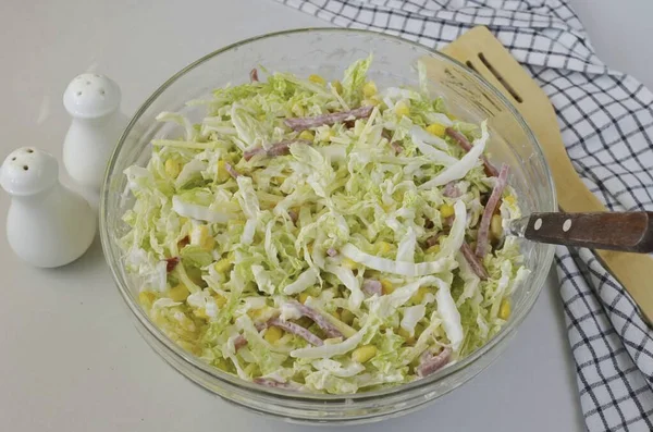 Season Salad Mayonnaise Add Salt Pepper Taste — Stock Photo, Image