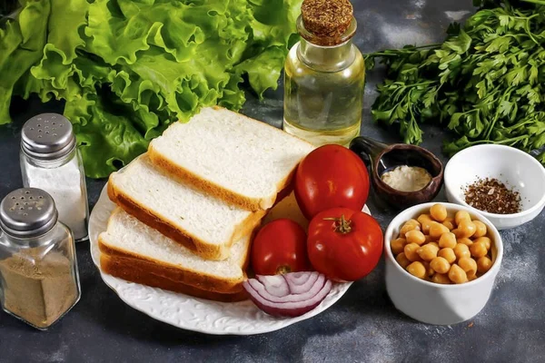 Bereiten Sie Alle Zutaten Für Das Double Decker Tomato Hummus — Stockfoto