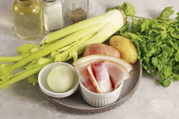 Prepare Todos Ingredientes Necessários Para Fazer Bacon Celery Soup Batatas — Fotografia de Stock