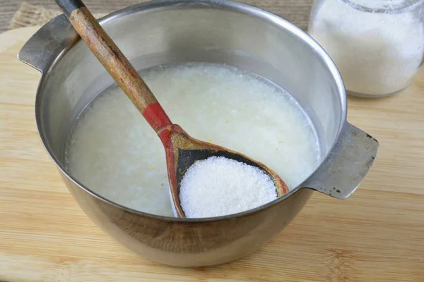 Pour Sugar Cook Porridge Minutes Slight Boil — Stock Photo, Image