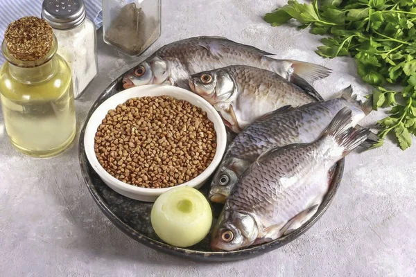 Bereid Alle Ingrediënten Die Nodig Zijn Karas Koken Met Boekweit — Stockfoto