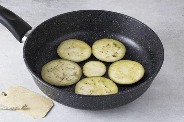 Fry Eggplant Both Sides Dry Frying Pan Soft Golden Brown — Stock Photo, Image