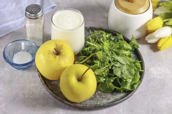 Приготуйте Всі Інгредієнти Необхідні Виготовлення Arugula Smoothie Apple Вибрали Солодкі — стокове фото