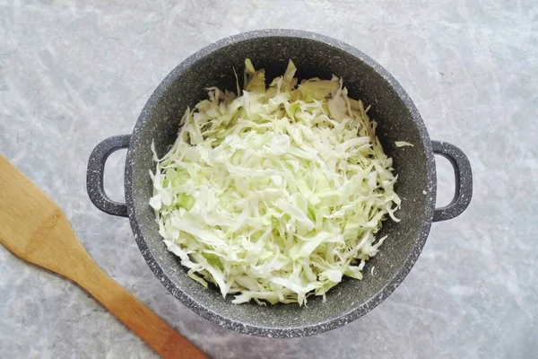 Chop Cut White Cabbage Thinly Also Add Cauldron Salt Pepper — Stock Photo, Image
