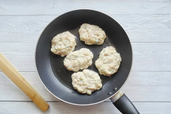 Put Chicken Pancakes Hot Pan Sunflower Oil — Stock Photo, Image