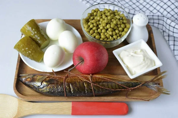 Bereid Alle Ingrediënten Die Nodig Zijn Makreel Appelsalade Maken Kook — Stockfoto
