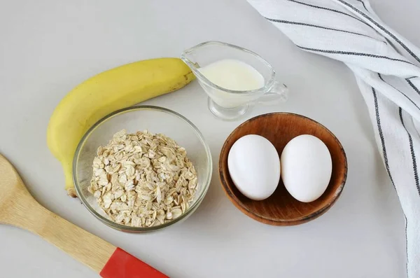 Prepare Todos Ingredientes Necessários Para Fazer Panquecas Banana Diet — Fotografia de Stock
