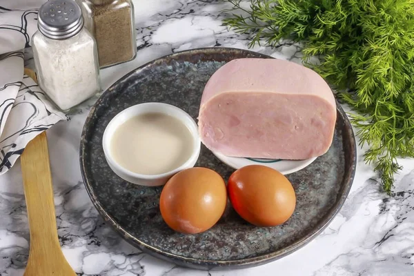 Prepare All Ingredients Needed Make Ham Mousse Boil Chicken Eggs — Stock Photo, Image