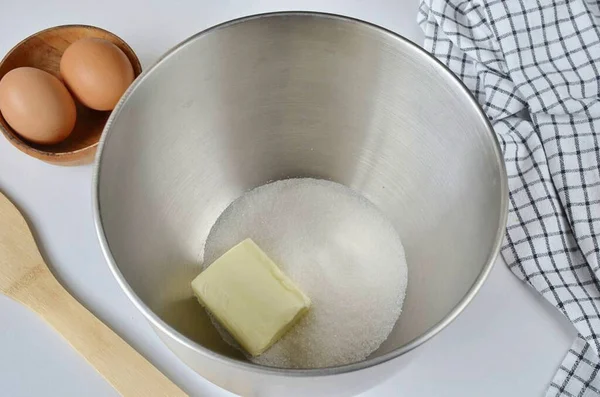 Combine Butter Room Temperature Sugar Beat Mixer Fluffy — Stock Photo, Image