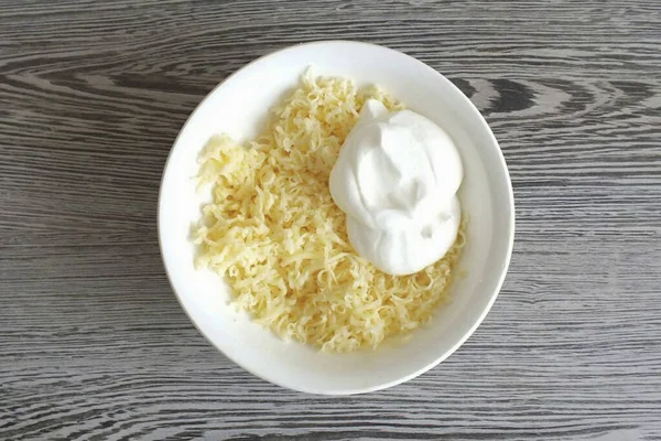 Grate Cheese Fine Grater Add Sour Cream Stir — Stock Photo, Image