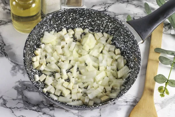 Peel Onion Rinse Cut Small Cubes Add Celery Pan Fry — Stock Photo, Image