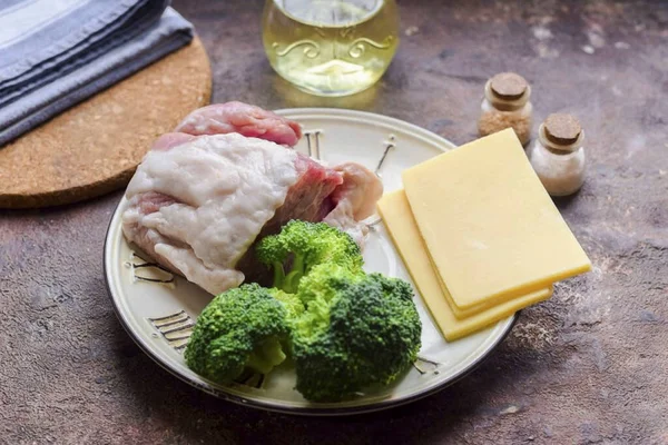 Bereid Alle Ingrediënten Die Nodig Zijn Varkenskoteletjes Maken Met Broccoli — Stockfoto