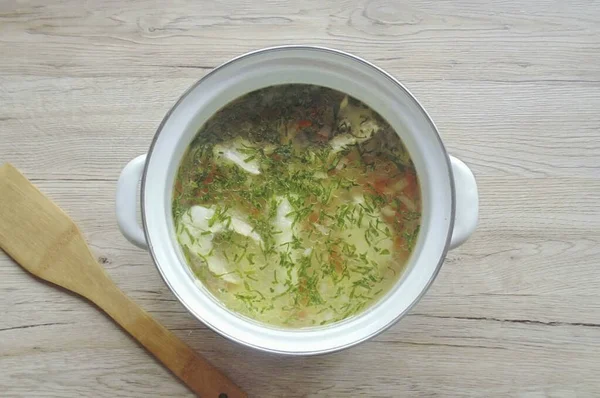 Die Fertige Suppe Mit Fein Gehackter Petersilie Würzen Die Suppe — Stockfoto