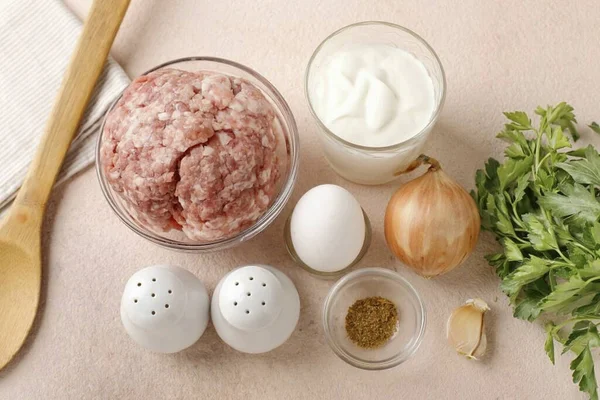 Bereid Alle Ingrediënten Die Nodig Zijn Gehaktballen Met Peterselie Saus — Stockfoto