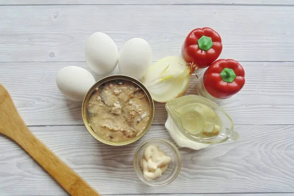 Prepare Todos Ingredientes Necessários Para Fazer Ovos Recheados Cavala — Fotografia de Stock