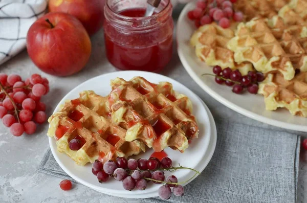 Serve Waffles Your Favorite Fruit Berry Sauces Condensed Milk Bon — Stock Photo, Image