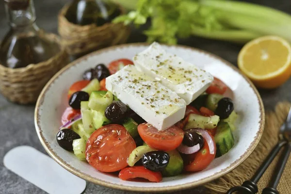 Ready Greek Salad Celery Serve Immediately Cooking Bon Appetit — Stock Photo, Image