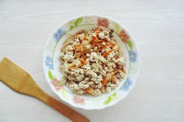 Add Stewed Vegetables Mushrooms Prepared Minced Meat Same Bowl — Stock Photo, Image