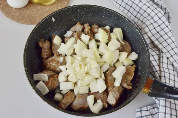 Adicionar Cebola Picada Grosseiramente Alho — Fotografia de Stock