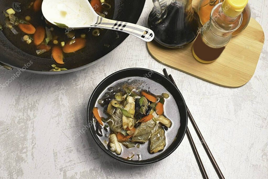 Pour 2 cups boiling water over vegetables, soy sauce, oyster sauce, mirin and sesame oil. Bring to a boil, boil for half a minute and pour boiling broth over noodles and fish in bowls.