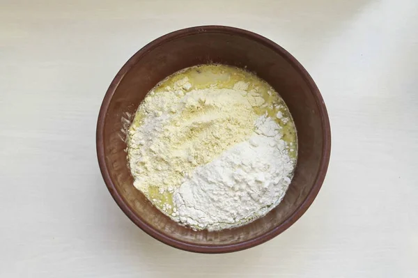 Add Sifted Wheat Flour Cornmeal — Stock Photo, Image