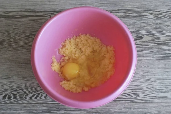 Add Egg Bowl Stir — Stock Photo, Image