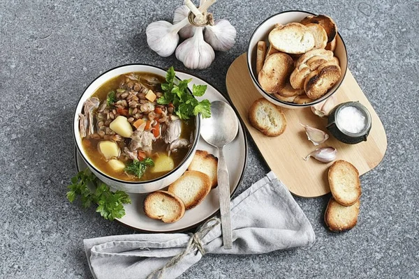 Serve Soup Hot Garnished Herbs Serve White Croutons Garlic Separately — Stock Photo, Image
