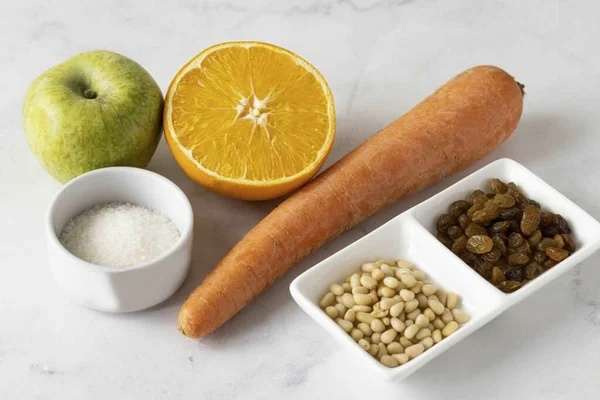 Приготувати Всі Інгредієнти Необхідні Приготування Морквяного Салату Цукром — стокове фото