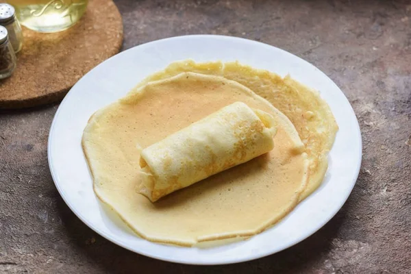 Roll Pancake Pancakes Egg Onions Delicious Tasty Filling Option Breakfast — Stock Photo, Image