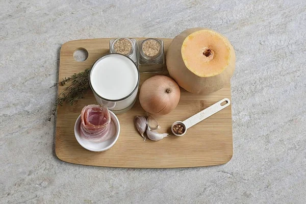 Приготувати Всі Інгредієнти Необхідні Приготування Вершкового Гарбузового Супу Беконом — стокове фото