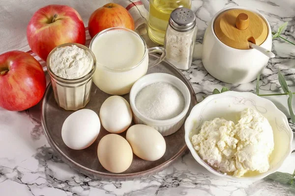 Приготувати Всі Інгредієнти Необхідні Приготування Чізкейк Яблучний Торт Зробіть Сир — стокове фото