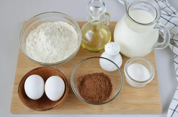 Bereiten Sie Alle Zutaten Für Kakao Pfannkuchen Vor — Stockfoto