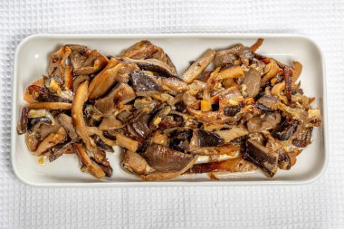 Beyaz bir mutfakta soğanlı kızarmış istiridye mantarı.