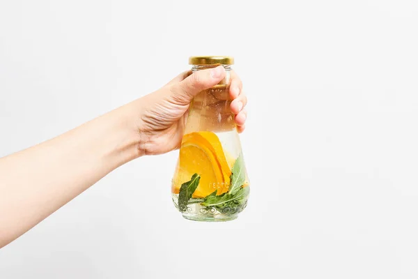 Female Holds Glass Bottle Infused Water Lemon Mint — Foto Stock