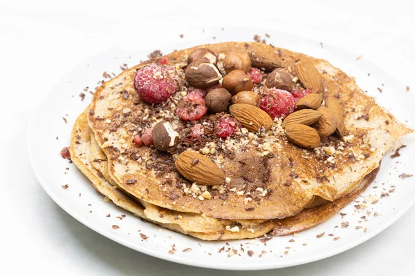 American Pancakes Served Almonds Raspberries Dark Choco — Stock Fotó