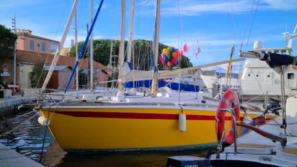 Saint Tropez Frankrike December 2021 Små Färgglada Segelbåtar Saint Tropez — Stockvideo