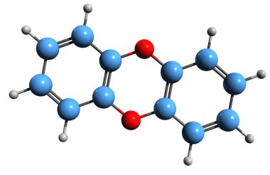  Dibenzodioksin iskelet formülünün 3 boyutlu görüntüsü - beyaz arka planda izole edilmiş polisiklik heteroklik organik organların moleküler kimyasal yapısı