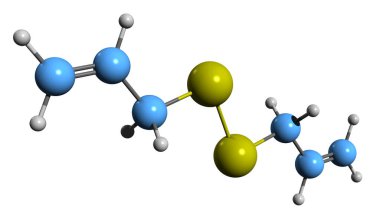 Diallyl disülfid iskelet formülünün 3 boyutlu resmi - DADS 'ın moleküler kimyasal yapısı beyaz arka planda izole edildi