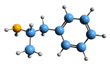 Dextroamphetamine iskelet formülünün 3 boyutlu görüntüsü - beyaz arkaplanda izole edilmiş uyarıcının moleküler kimyasal yapısı