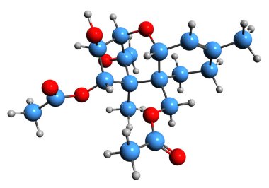 Diasetoksiskirpenol iskelet formülünün 3 boyutlu görüntüsü - beyaz arkaplanda izole edilmiş mikotoksin DAS 'nin moleküler kimyasal yapısı