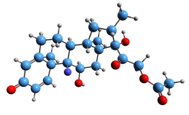 Dexamethasone asetat iskelet formülünün 3 boyutlu görüntüsü - beyaz arkaplanda izole edilmiş sentetik glukokortikoidin moleküler kimyasal yapısı