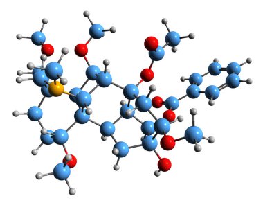  Delphinine iskelet formülünün 3 boyutlu görüntüsü - beyaz arkaplanda izole edilmiş zehirli diterpenoid alkaloidin moleküler kimyasal yapısı